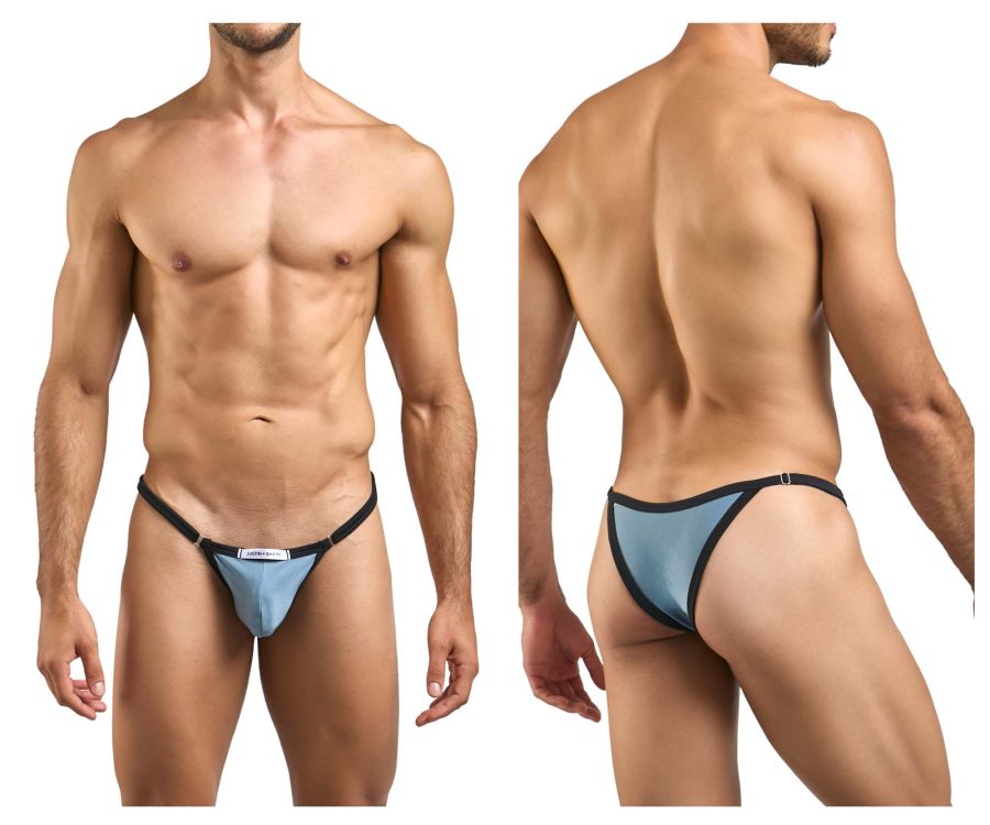 Light blue and black thong with sleek minimalist design from justin simon xsj12 bikini color metal green collection