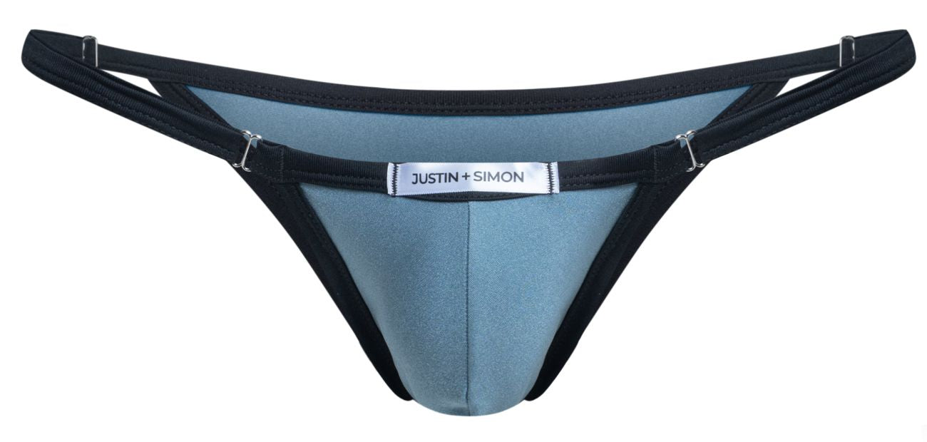 Blue and black justin simon thong bikini with a sleek contoured design in color metal green shown from the back