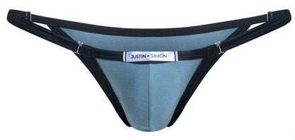 Blue and black justin simon thong bikini with a sleek contoured design in color metal green shown from the back