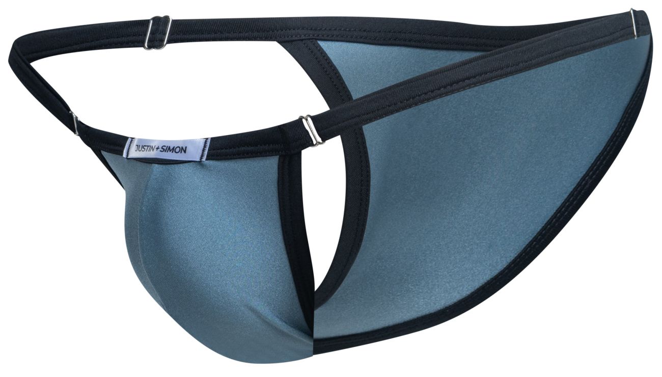 A sleek slate blue satin thong with black trim and silver metal clasps from JUSTIN SIMON XSJ12 Bikini Color Metal Green