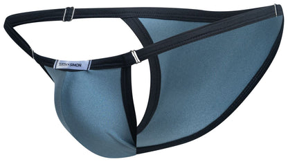 A sleek slate blue satin thong with black trim and silver metal clasps from JUSTIN SIMON XSJ12 Bikini Color Metal Green