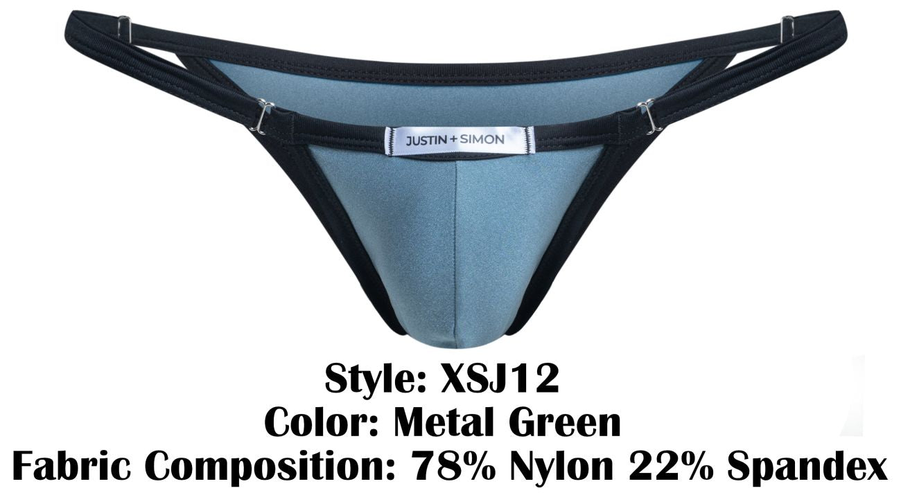 Metal green thong bikini with black trim and silver justin plus simon label from justin plus simon xsj12 collection