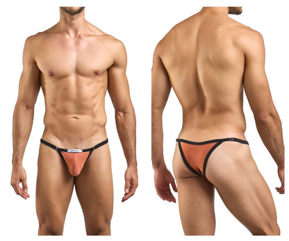 Orange and black thong bikini with a small white label at the front in justin simon xsj12 bikini color ochre