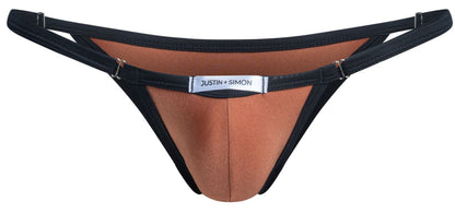 Black and tan ochre bikini thong with silver justin simon label at the center in lightweight fabric
