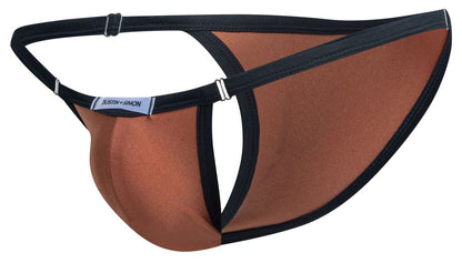 Brown and black justin simon men’s briefs with contoured design in ochre bikini style front view