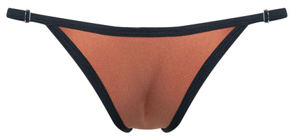 Justin+Simon XSJ12 bikini thong in black and copper with smooth stretchy fabric finish shown from the back