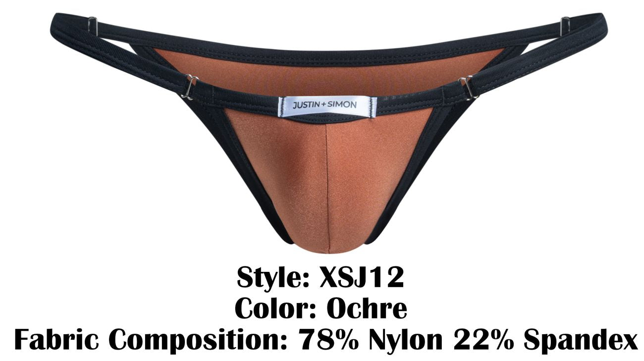 Ochre-colored thong with black trim adjustable straps and justin simon brand label from JUSTIN SIMON XSJ12 bikini line
