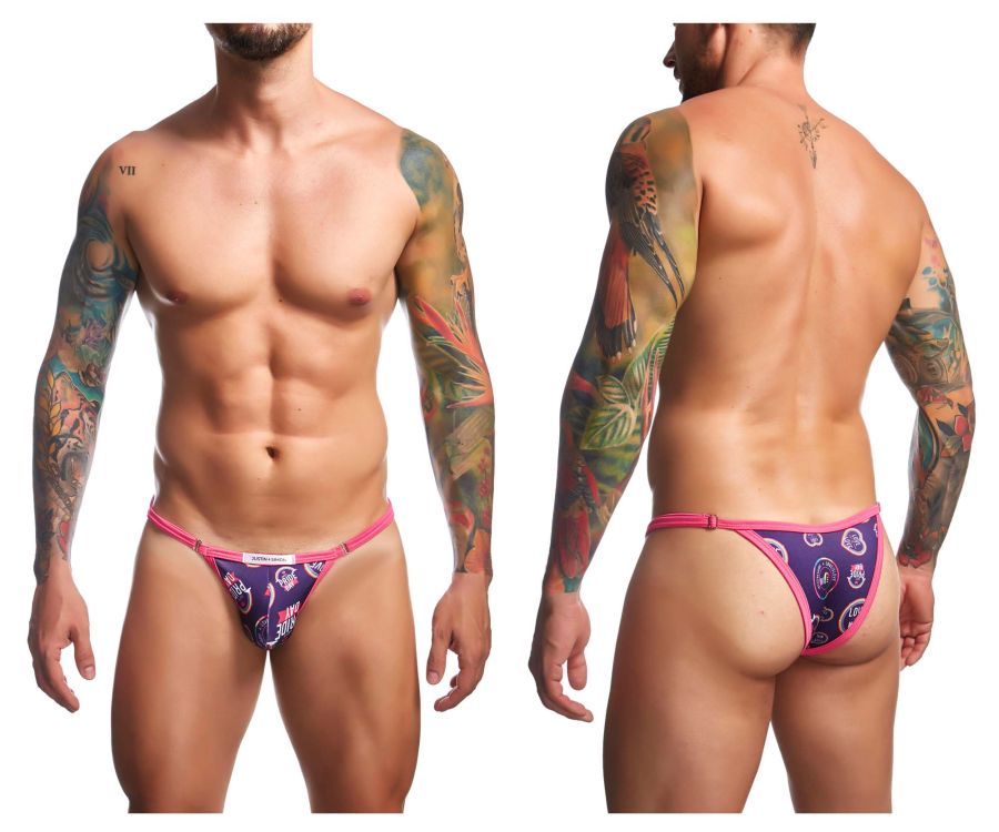 Justin simon xsj12 bikini color pride briefs in vibrant pink and purple with a bold tropical bird pattern