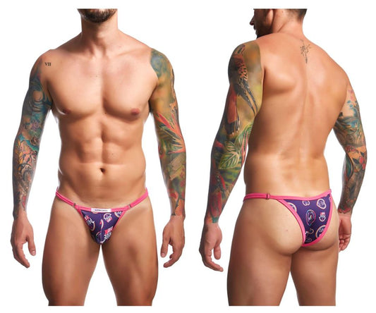 Justin simon xsj12 bikini color pride briefs in vibrant pink and purple with a bold tropical bird pattern