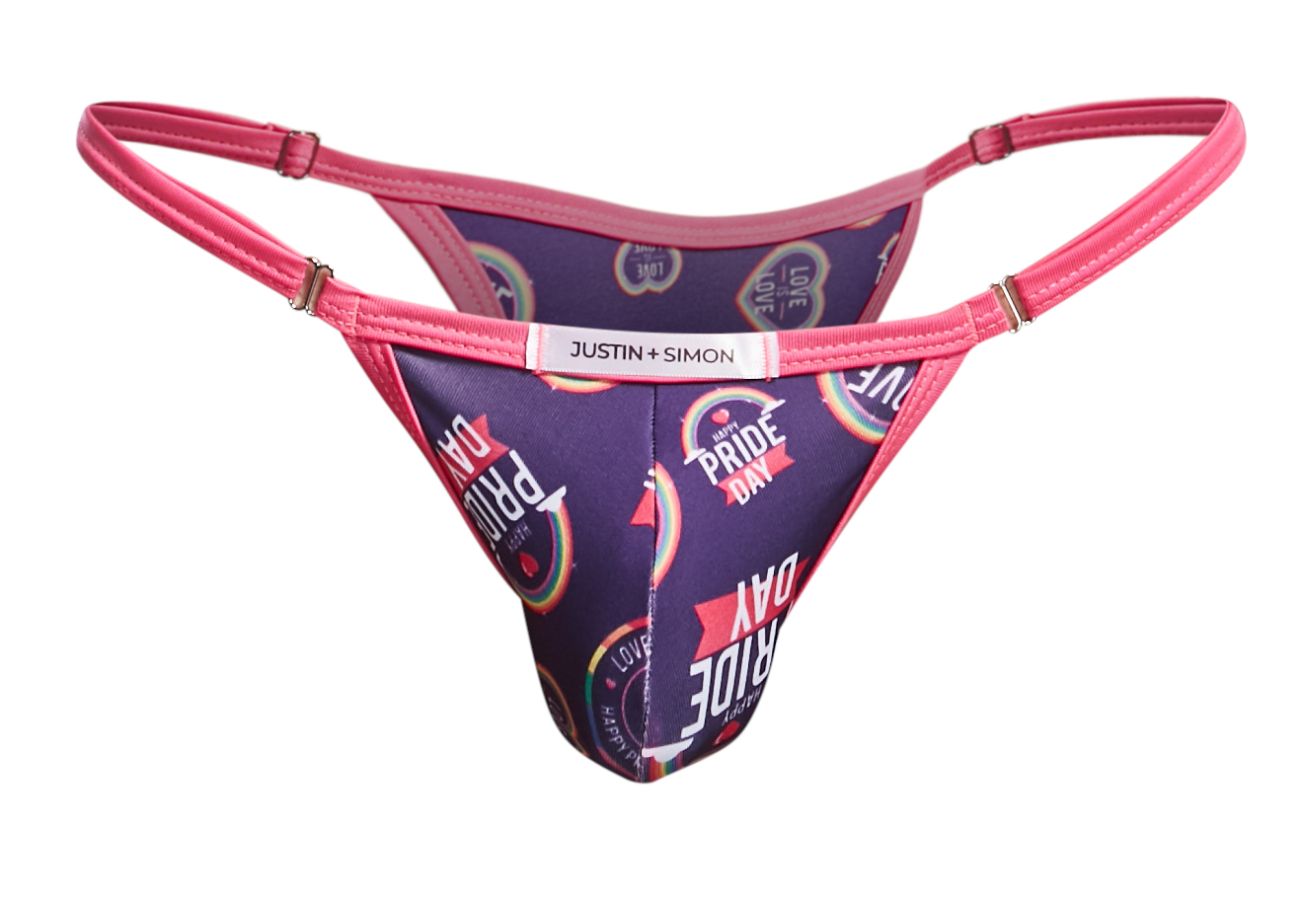 Pink and purple pride day thong bikini with metallic clasps and justin + simon label visible on back side