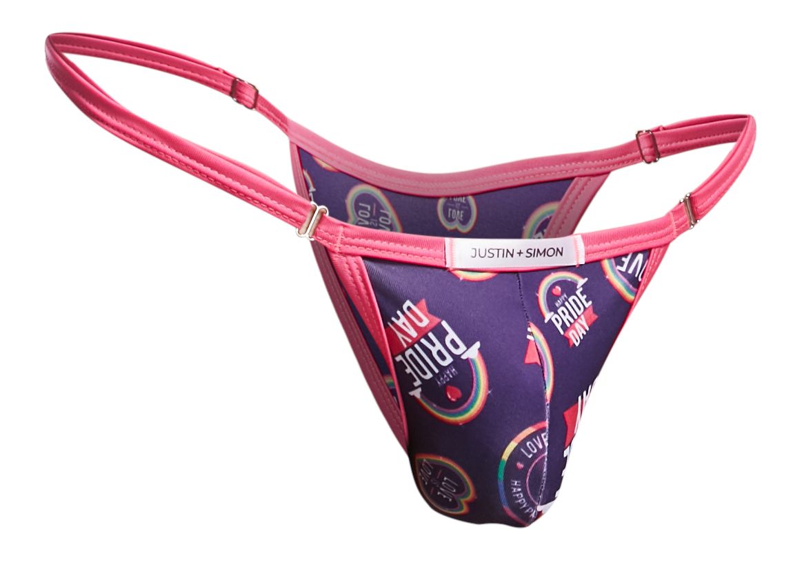 Purple and pink thong bikini with pride day rainbow print and justin simon brand label for pride celebration