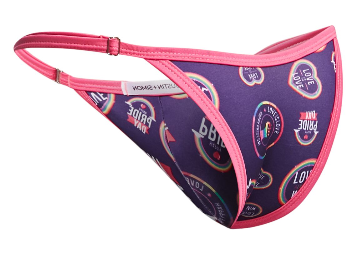 Pink-trimmed purple thong bikini with pride day and rainbow logo pattern from justin simon xsj12 collection