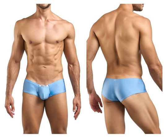 Light blue form-fitting mens briefs with smooth stretchy fabric and small white front label in justin simon xsj13 cheeky bulge boxer