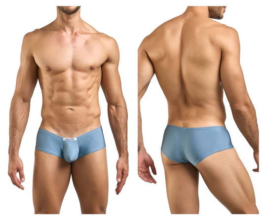 Light blue mens briefs with smooth form fitting design and small white label in justin simon xsj13 cheeky bulge boxer metal green