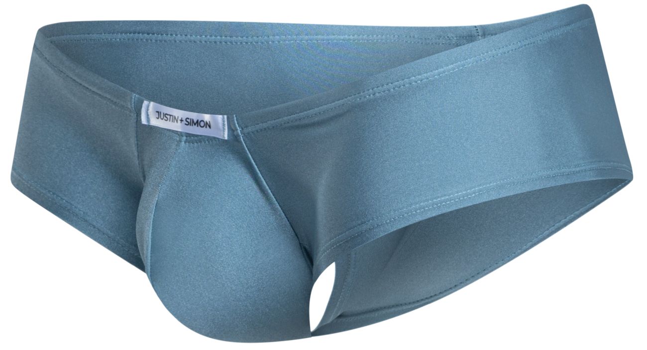 A sleek metal green justin simon cheeky bulge boxer with smooth, form-fitting fabric and subtle brand tag at waistband