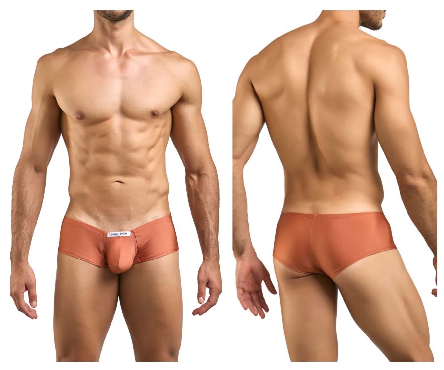 Tan-colored form-fitting men’s briefs with smooth fabric and a white front label by JUSTIN+SIMON XSJ13 cheeky bulge boxer