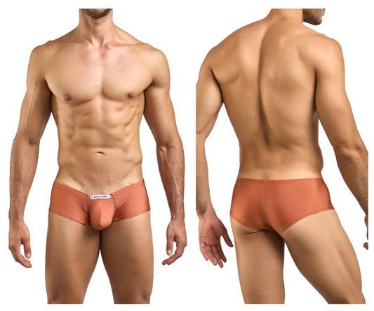 Tan-colored form-fitting men’s briefs with smooth fabric and a white front label by JUSTIN+SIMON XSJ13 cheeky bulge boxer