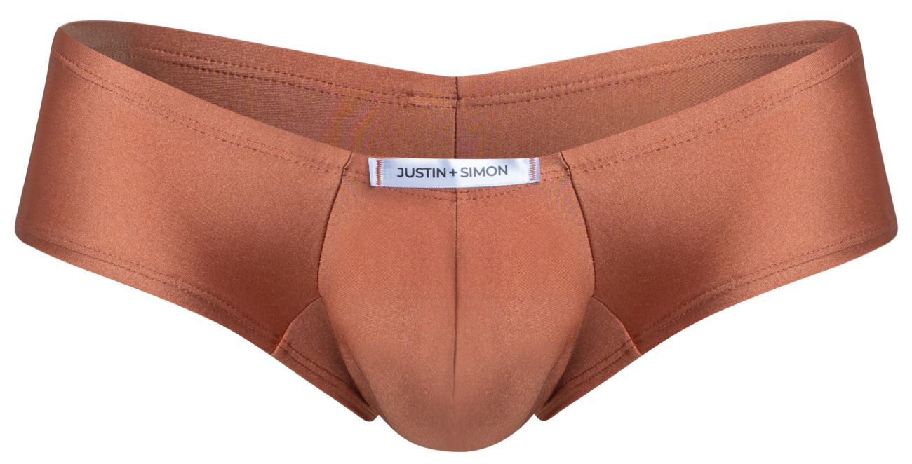 Justin simon mens copper-colored satin briefs with smooth shiny fabric and contoured cheeky bulge design