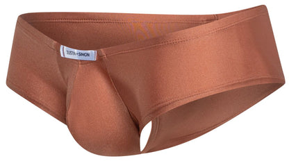 Copper-colored satin briefs with sleek smooth texture and subtle sheen in justin simon xsj13 cheeky bulge boxer ochre