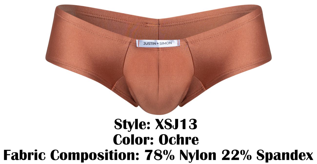 Ochre-colored form-fitting cheeky bulge boxer briefs made from 78 percent nylon and 22 percent spandex by justin simon