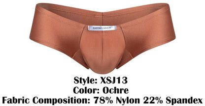Ochre-colored form-fitting cheeky bulge boxer briefs made from 78 percent nylon and 22 percent spandex by justin simon