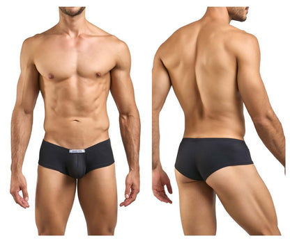 Black men’s briefs with a cheeky bulge design in peach and black featuring a white waistband label by justin simon