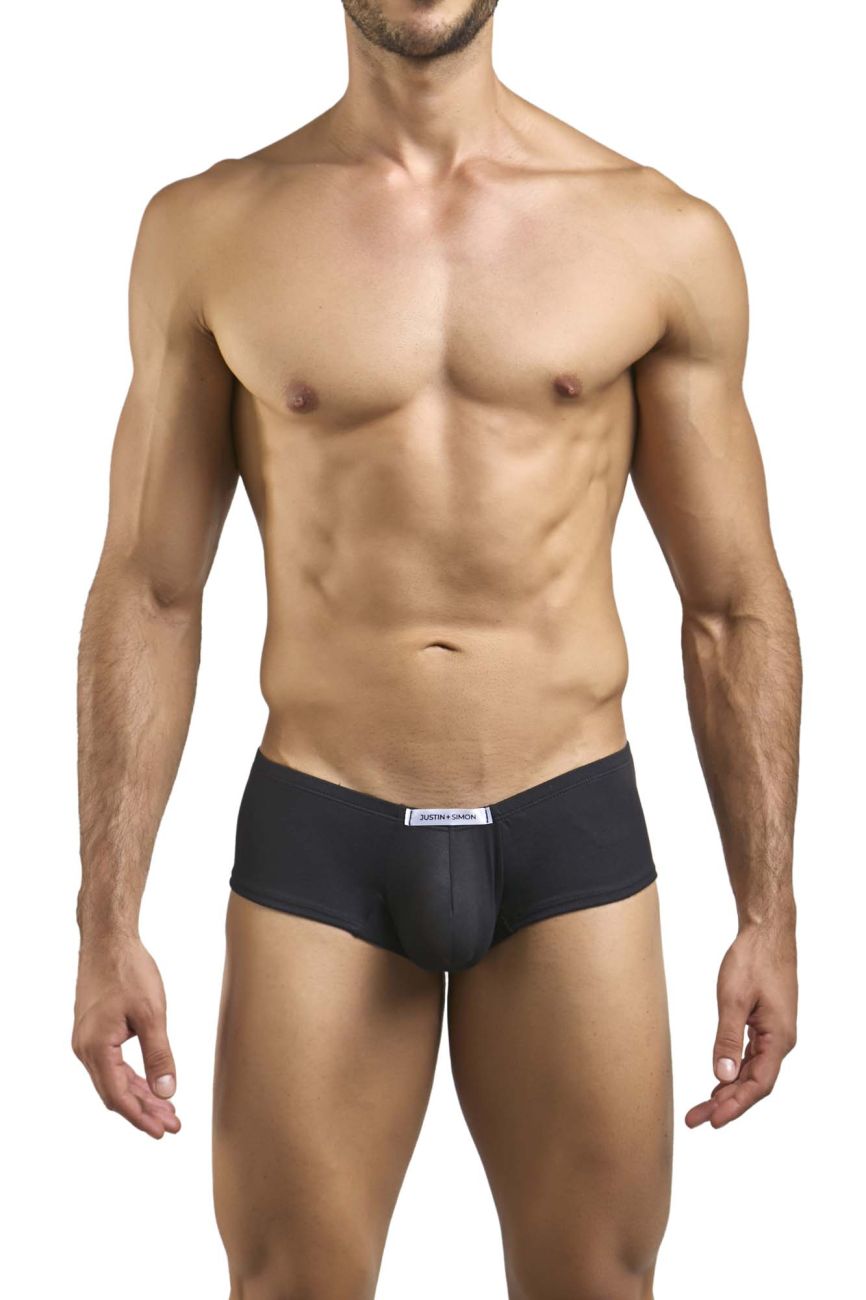 Black men’s cheeky bulge boxer briefs in peach and black with a white label waistband by justin simon
