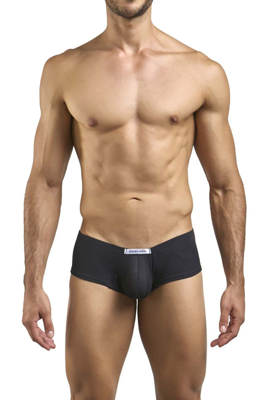 Black men’s cheeky bulge boxer briefs in peach and black with a white label waistband by justin simon
