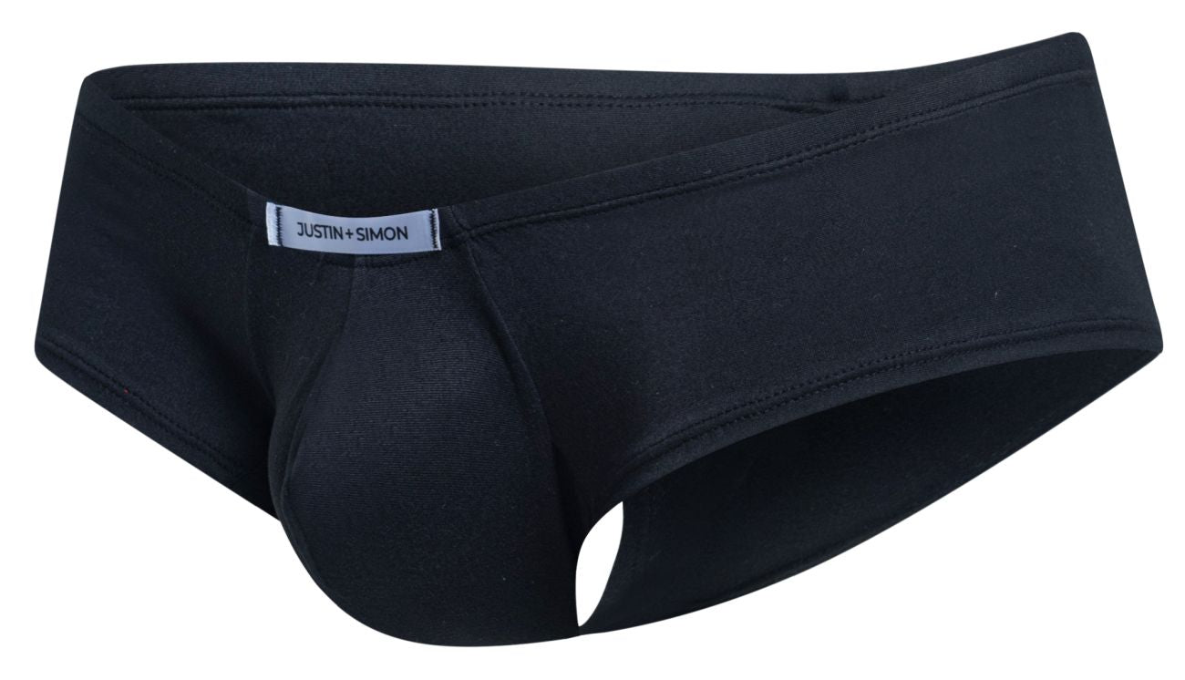 Black justin simon men’s briefs with smooth form fitting design and subtle brand tag in cheeky bulge boxer style