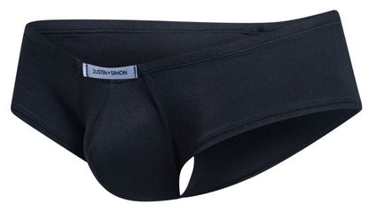 Black justin simon men’s briefs with smooth form fitting design and subtle brand tag in cheeky bulge boxer style