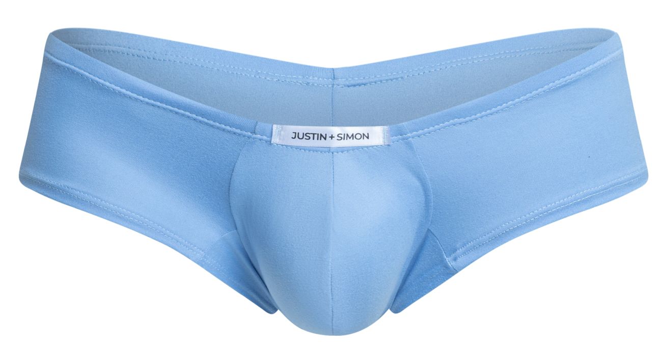 Light blue satin briefs with central pouch design and justin + simon label in the cheeky bulge boxer style