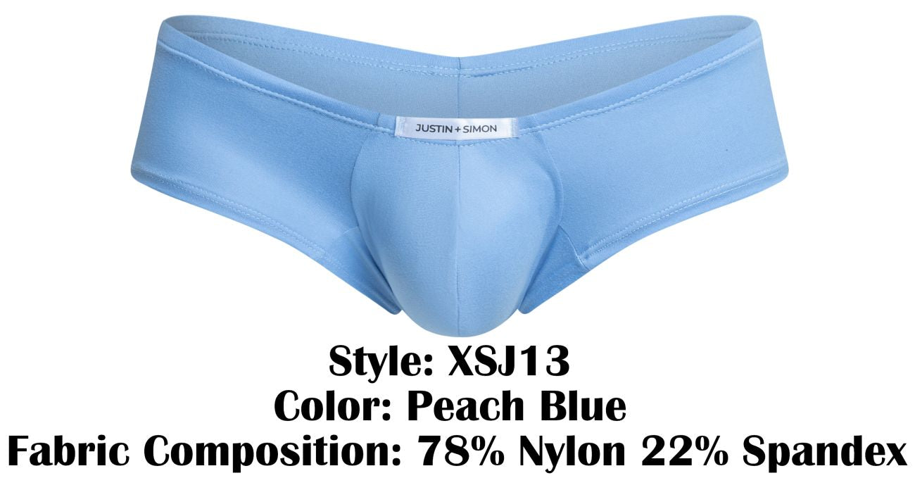 Peach blue justin + simon men’s cheeky bulge boxer briefs in stretchy nylon and spandex blend with brand label