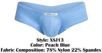 Peach blue justin + simon men’s cheeky bulge boxer briefs in stretchy nylon and spandex blend with brand label