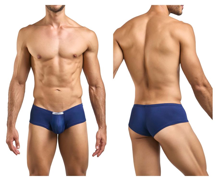 Navy blue men’s cheeky bulge briefs with a white brand tag on the waistband from JUSTIN SIMON XSJ13 collection