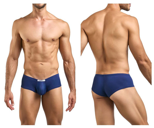 Navy blue men’s cheeky bulge briefs with a white brand tag on the waistband from JUSTIN SIMON XSJ13 collection
