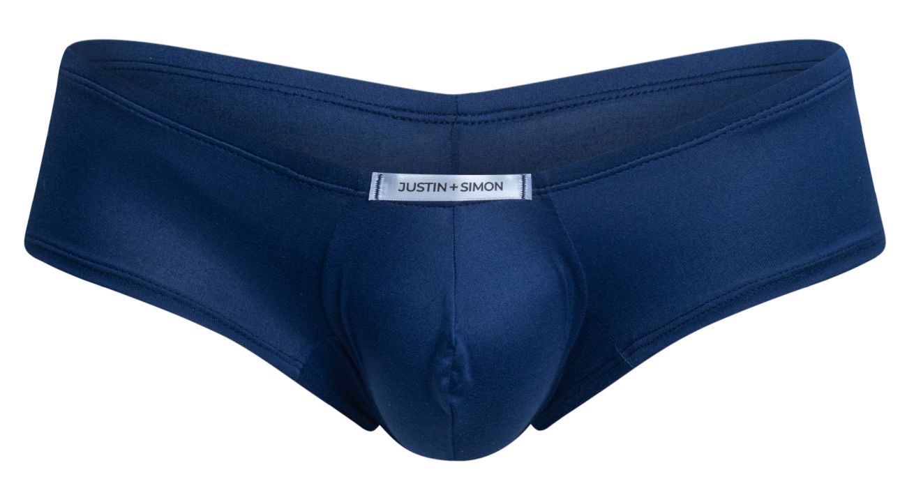 Navy blue justin simon men’s briefs with smooth form-fitting design and central pouch in cheeky bulge boxer style