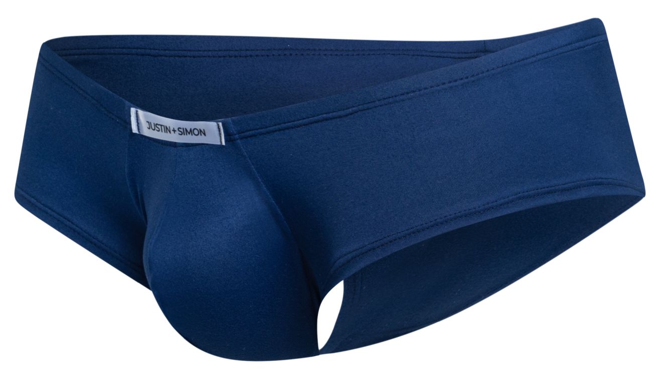 Navy blue justin simon men’s briefs with smooth form-fitting fabric and subtle waistband label from xsj13 cheeky bulge boxer line