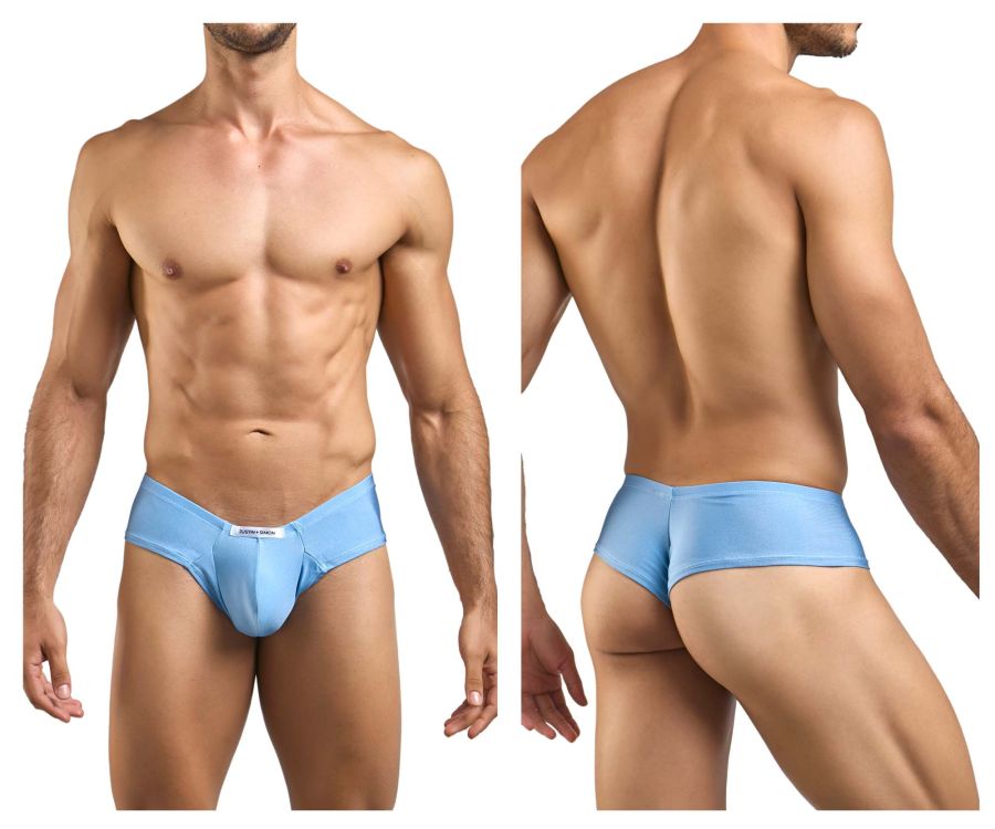 Light blue justin simon xsj22 cheek briefs with smooth form-fitting fabric and small brand tag at the front
