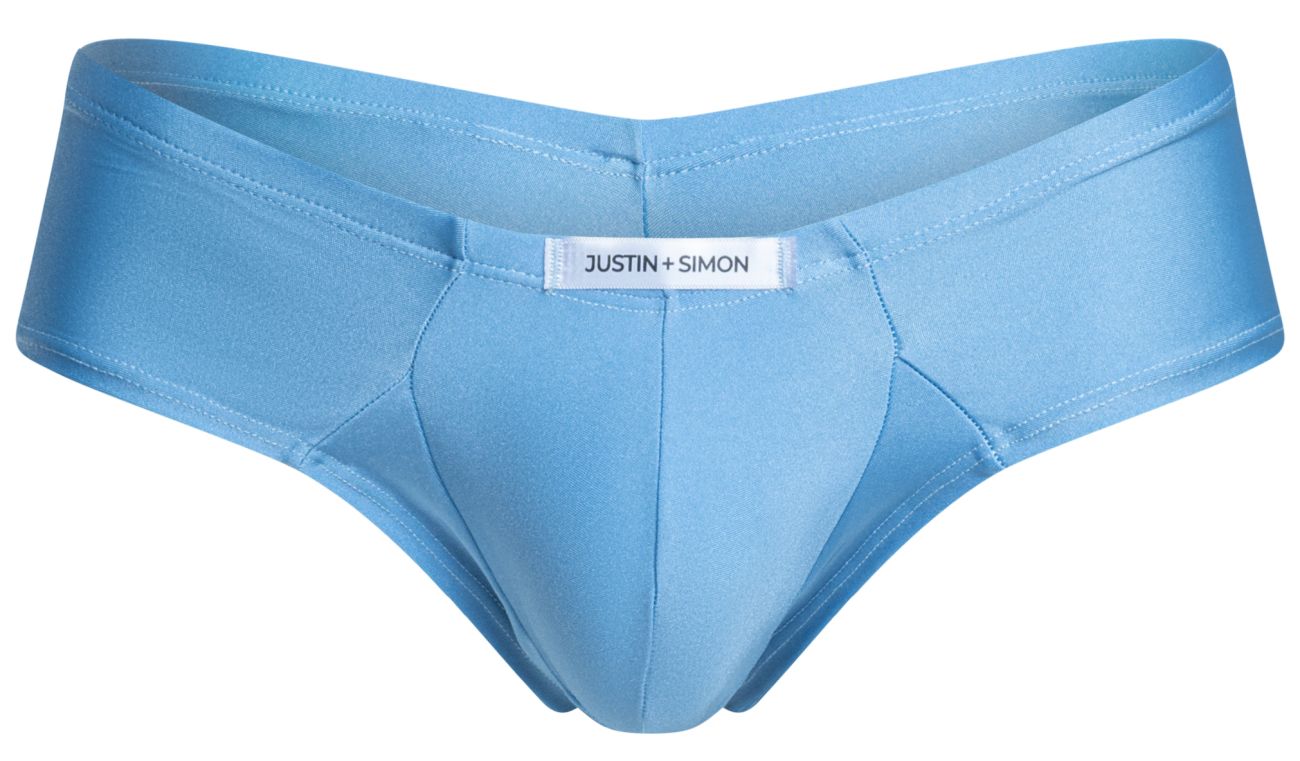 Light blue justin simon men’s briefs with smooth satin fabric and sleek contoured design cheek briefs style
