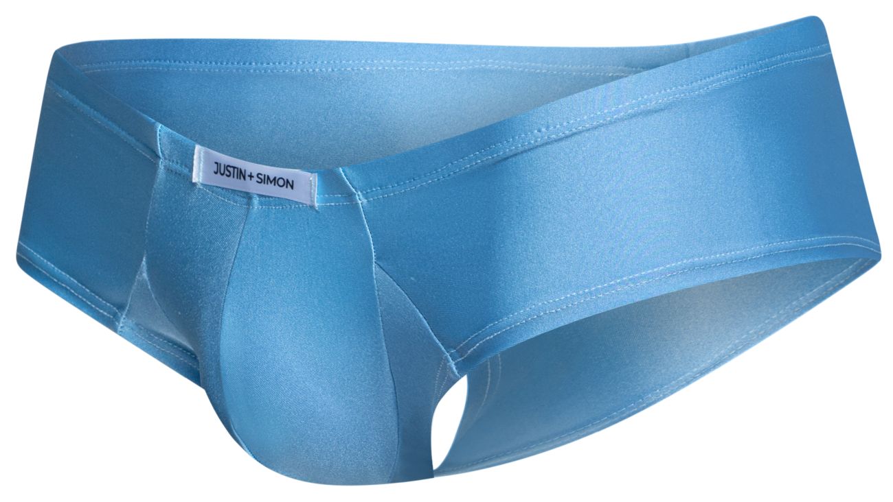 Light blue satin cheek briefs with subtle sheen and justin plus simon white label on waistband