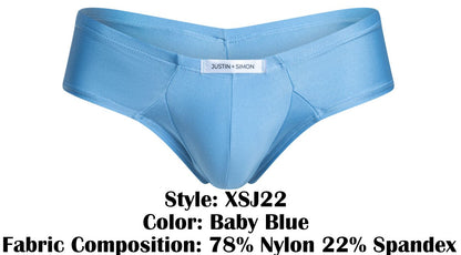 Baby blue justin simon men’s cheek briefs made of 78 nylon and 22 spandex showcasing front view