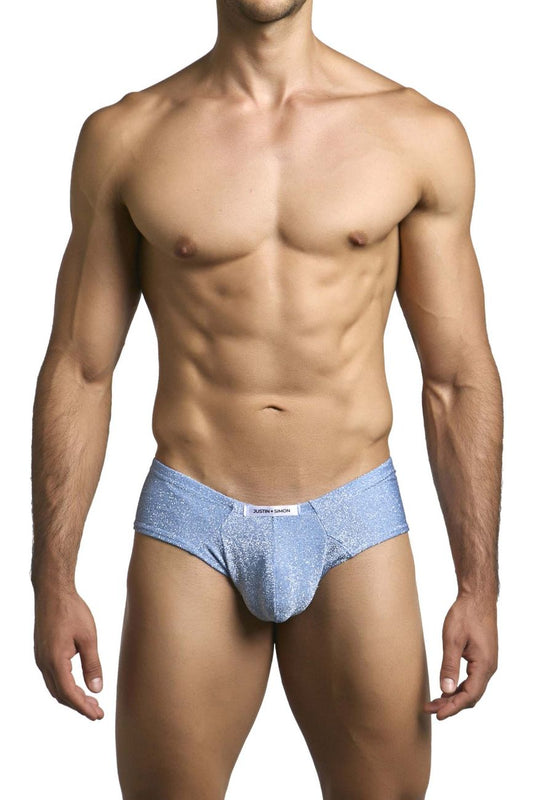 Light blue lurex glittery cheek briefs with a white brand tag at the waistband by Justin Simon XSJ22