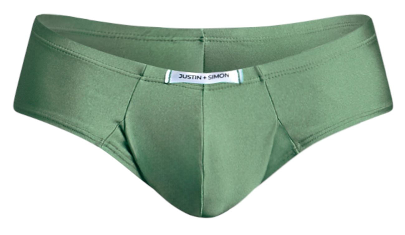 Olive green justin simon men’s briefs with smooth form-fitting fabric and subtle waistband label in new green color