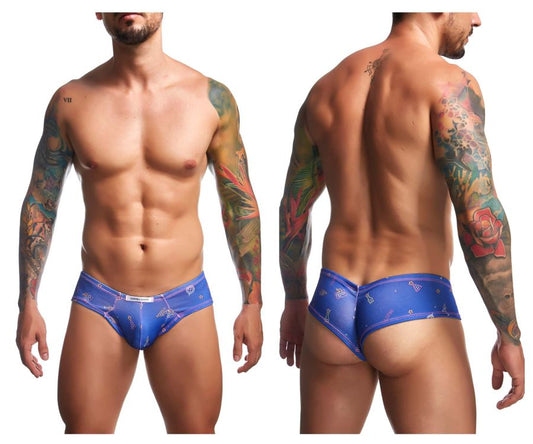 Justin+Simon XSJ22 cheek briefs in blue with diamond-shaped motifs and subtle sheen for stylish comfort