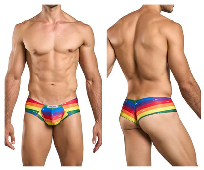 Justin simon xsj22 cheek briefs in rainbow pride flag colors with bold design and visible brand name waistband