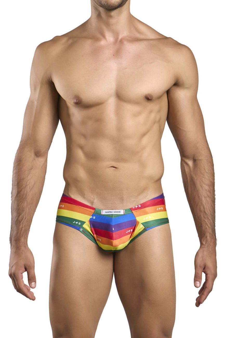 Rainbow-striped men’s briefs with justin smile label on waistband in justinsimon xsj22 cheek briefs color pride flag design