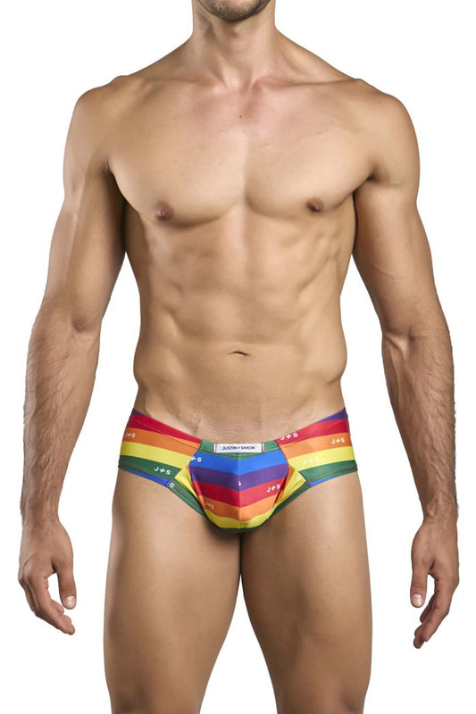 Rainbow-striped men’s briefs with justin smile label on waistband in justinsimon xsj22 cheek briefs color pride flag design