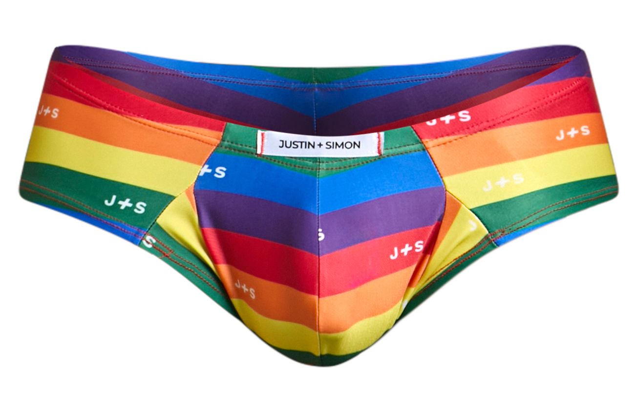 Rainbow-striped men’s briefs by Justin + Simon with bold diagonal pride colors and repeating j+s branding