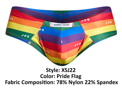 Justin plus simon xsj22 cheek briefs in vibrant pride flag rainbow stripes featuring j plus s logo