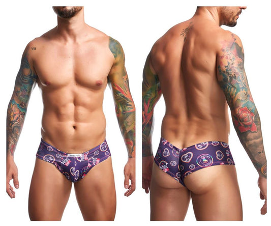 Purple patterned men’s briefs with circular designs featuring text and graphics from JUSTIN+SIMON XSJ22 cheek briefs color pride